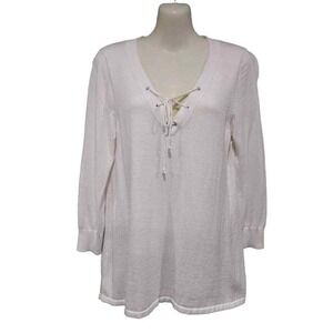 Repeat Lace Up Neck Long Sweater with 3/4 Sleeves, Cream, Size‎ XS